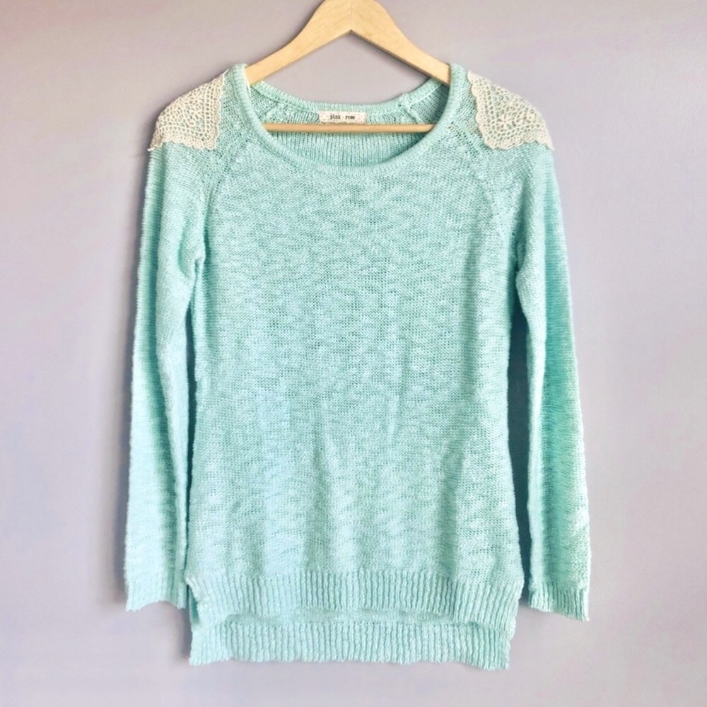 New Pink Rose Juniors Crochet Mint Green Slub Knit Lightweight Sweater Medium